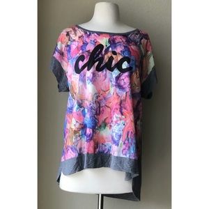 APT 9 Med Gray Short Batwing Slv Knit Top Floral